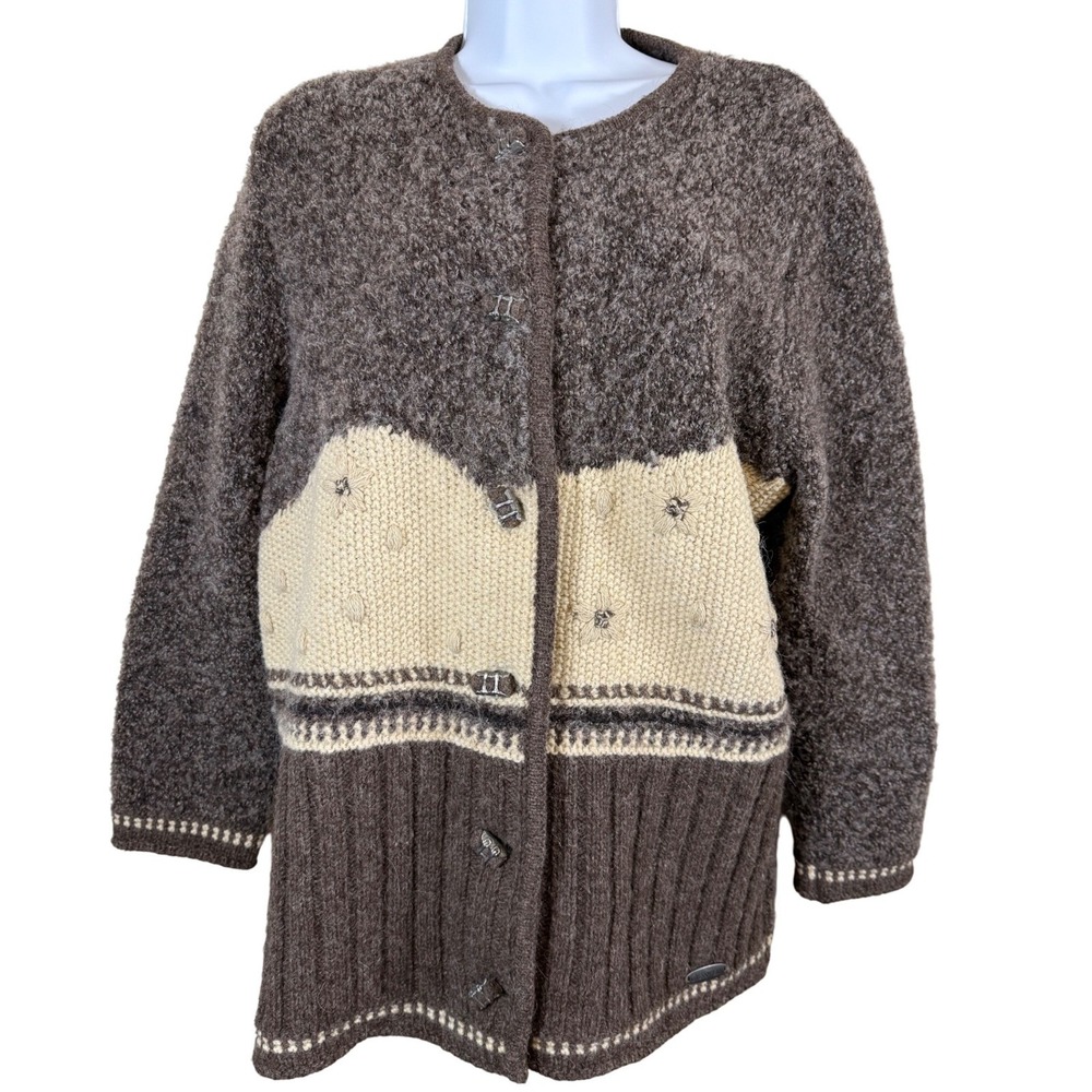 Giesswein‎ Austria Wool Mohair Alpaca Cardigan Embroidered Women 40 Brown Cream